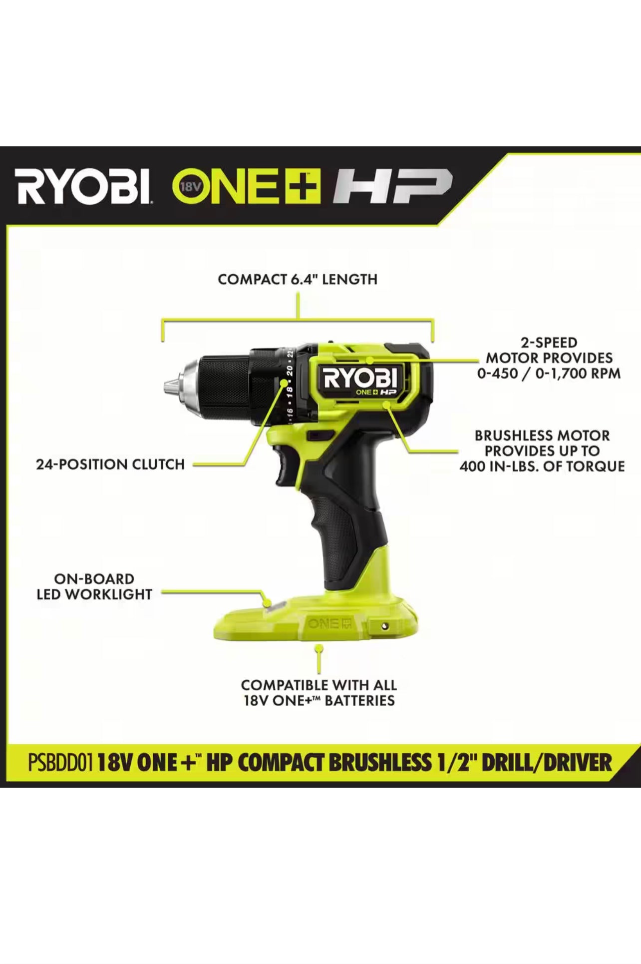 Ryobi One Plus HP 18V Brushless Cordless Compact 1/2 in. Drill/Driver (Tool Only) New In Box