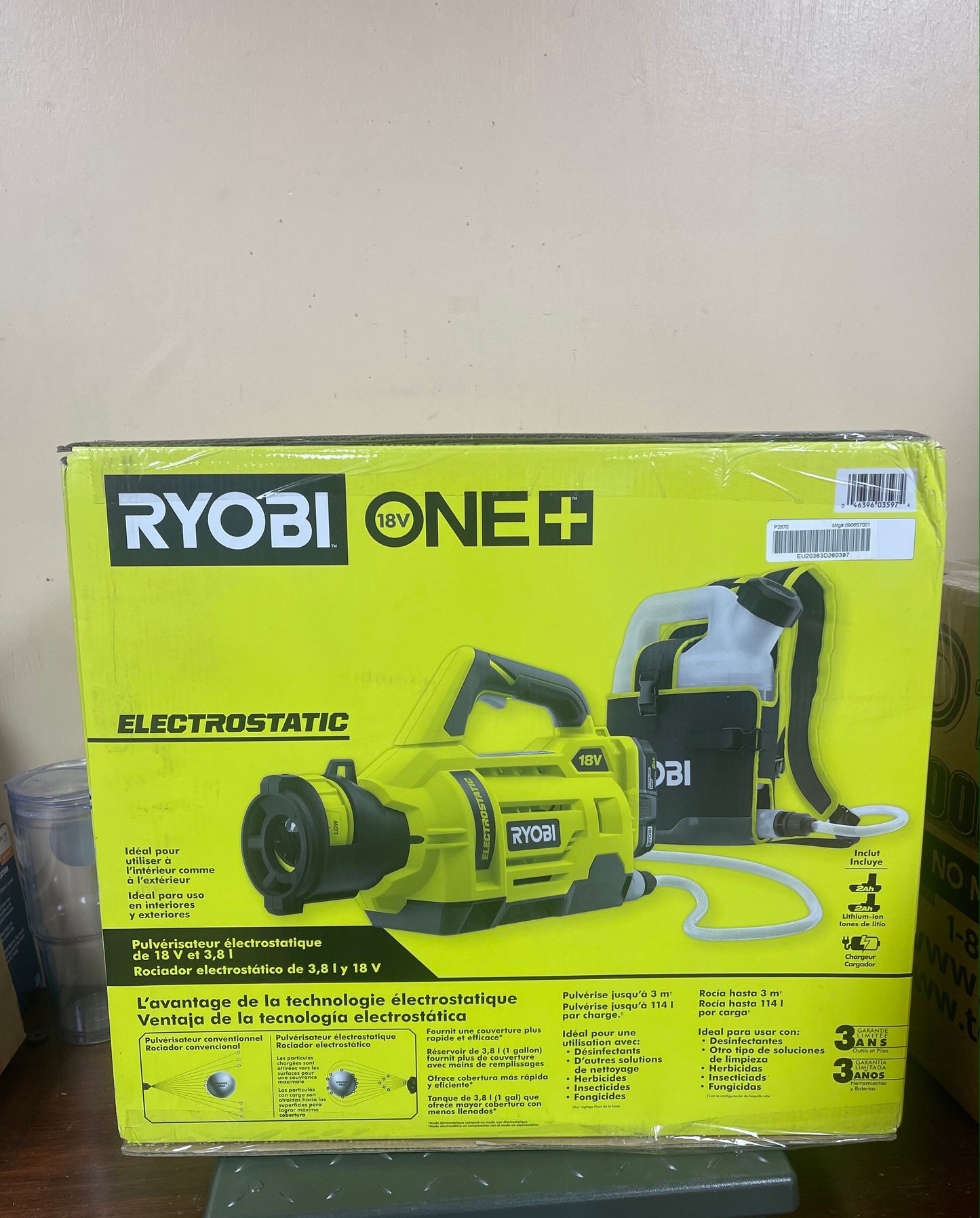 Ryobi One Plus 18V Cordless Electrostatic 1 Gal. Sprayer Kit with (2) 2.0 Ah Batteries and (1) Charger Damaged Box