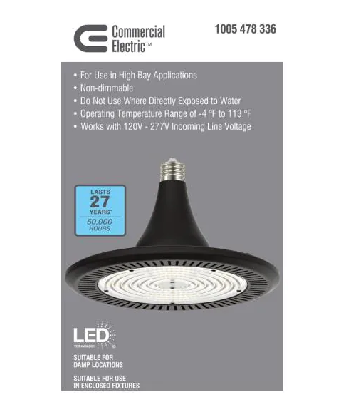 1 Foot 400 Watt Equivalent Integrated LED Black High Bay Light 5000K