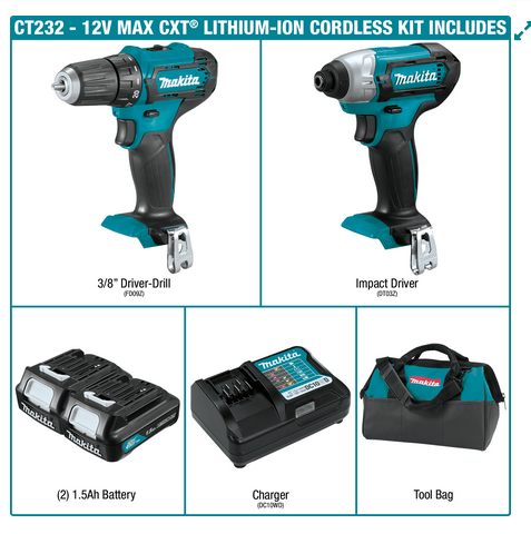 Makita 12V Max CXT Lithium Ion Cordless 2 Pc Combo Kit 1.5Ah Refurbished