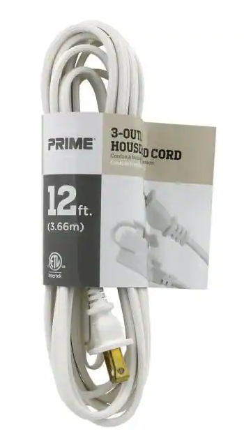 Prime 12 ft White 3 Outlet  Household Extension Cord