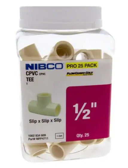 NIBCO 1/2 in. CPVC-CTS Slip x Slip Tee Fitting Pro Pack (25-Pack) *DAMAGED BOX*