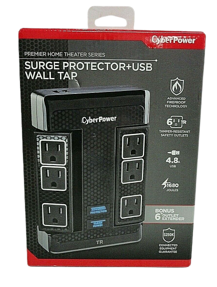Cyberpower 6 Outlet Surge Protect Swivel Wall Tap USB Black Damaged Box