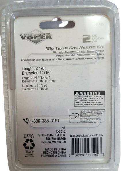 Mig Torch Gas Nozzle Kit 2 Piece By Vapor