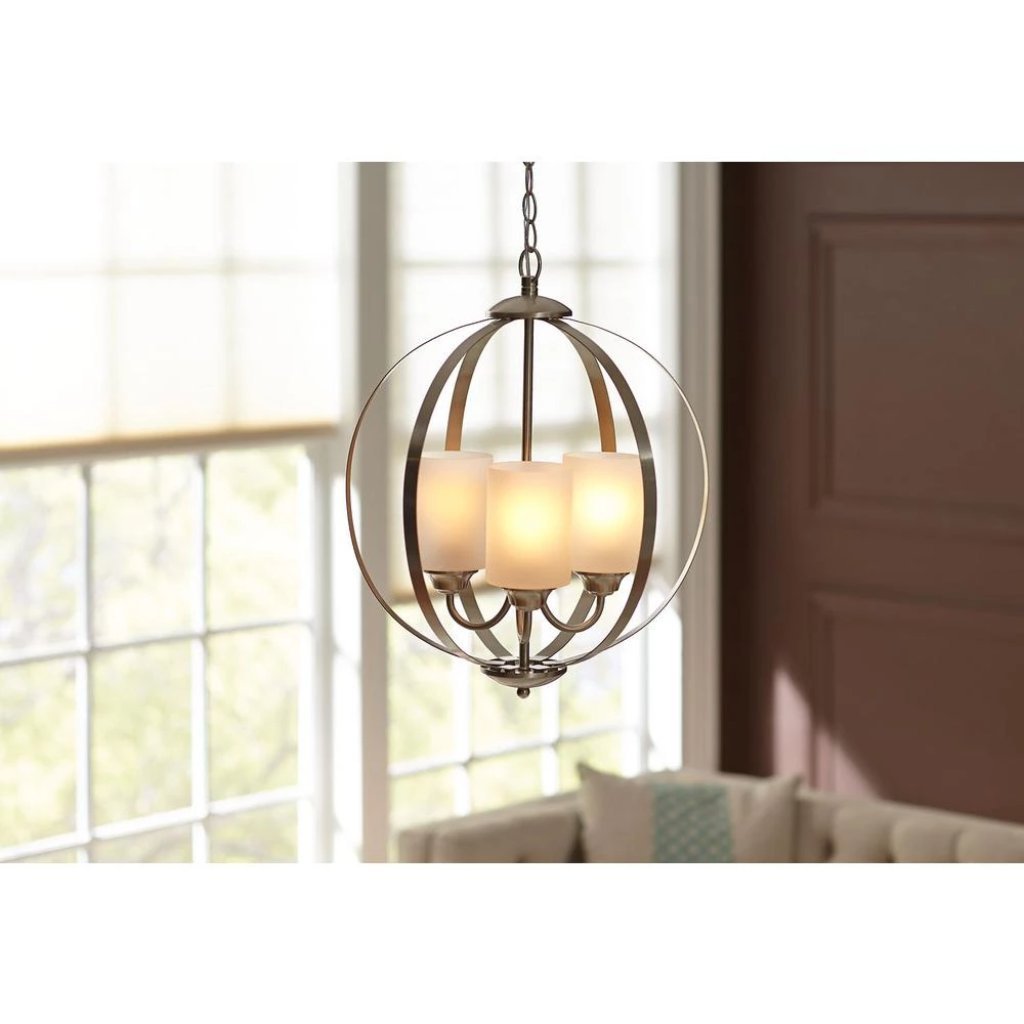 Hampton Bay 3-Light Brushed Nickel Chandelier with Etched White Glass Shades Damaged Box-light-Tool Mart Inc.