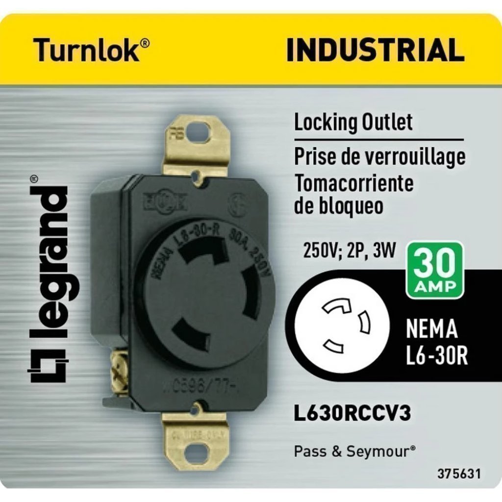 Legrand Pass and Seymour 30 Amp 250-Volt 3-Wire Grounding Locking Single Outlet - Black Damaged Box-outlets, switches, & plates-Tool Mart Inc.
