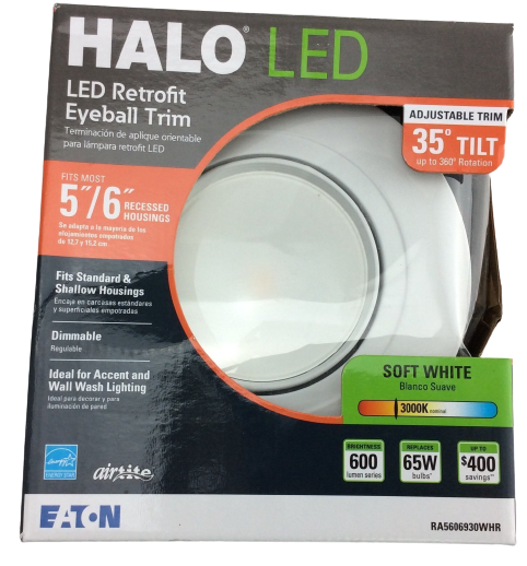 Halo RA 5 Inch and 6 Inch White Integrated LED Recessed Ceiling Light Fixture Adjustable Gimbal Trim 90 CRI 3000K Soft White Damaged Box