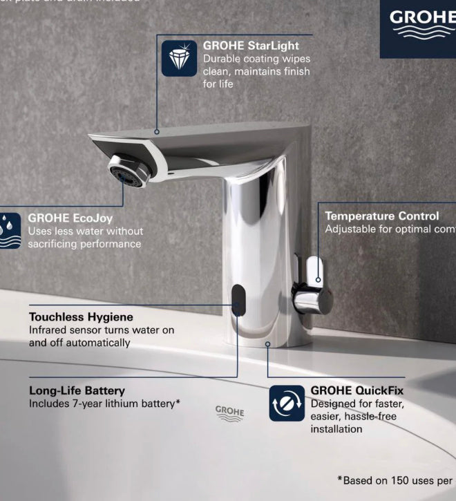 Grohe Battery Powered Single Hole Touchless Bathroom Faucet with Temperature Control Lever StarLight Chrome Damaged Box