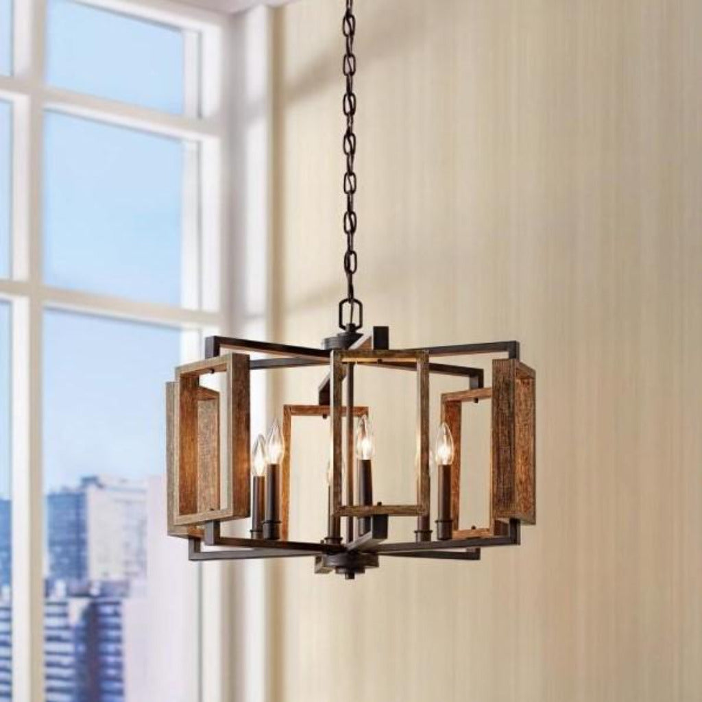 Home Decorators Collection Zurich 6-Light Aged Bronze Pendant with Wood Accents Damaged Box