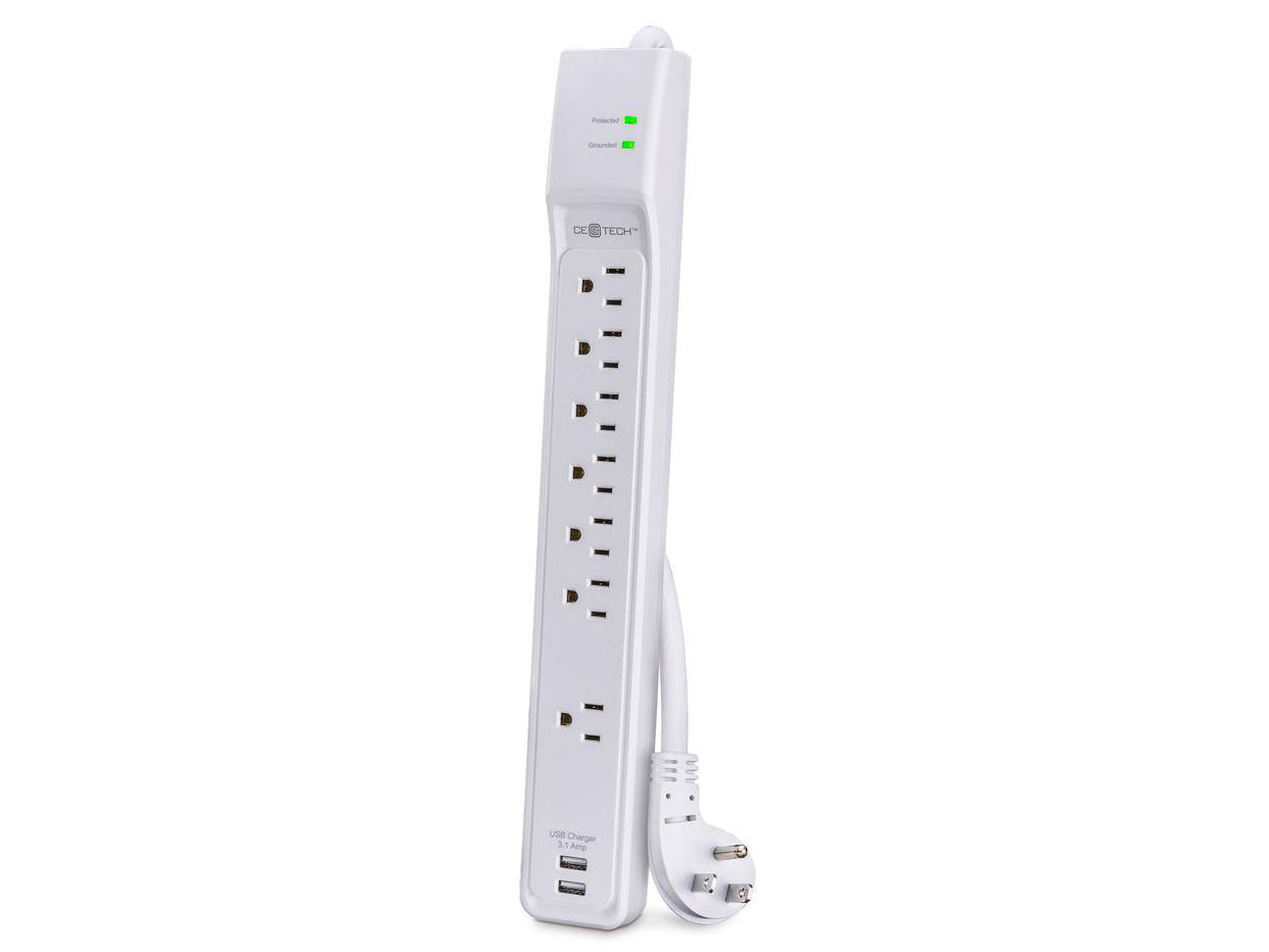 CE TECH 6 ft. 7-Outlet Surge Protector with USB, White - Damaged Box