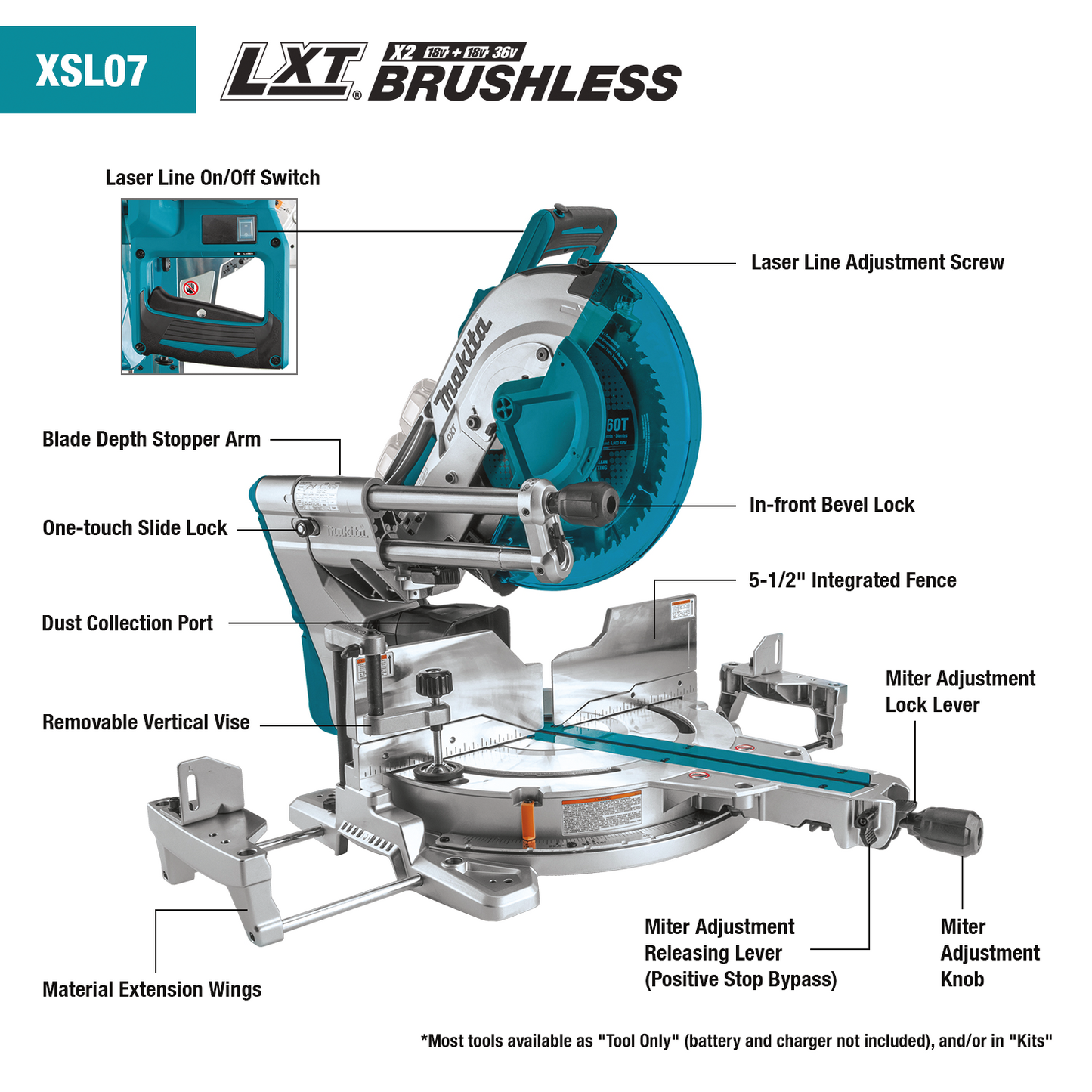 Makita 36 Volt LXT Brushless 12 Inch Dual Bevel Sliding Compound Miter Saw With Laser Factory Serviced (Tool Only)