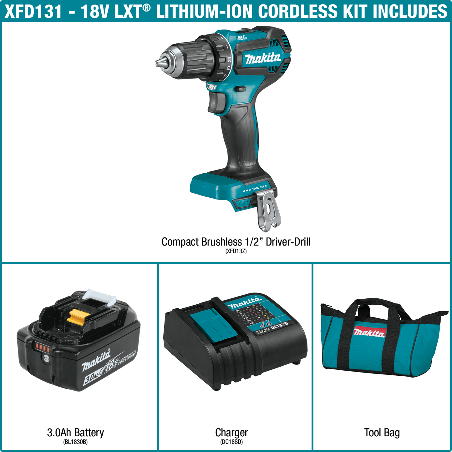 Makita 18 Volt LXT Lithium Ion Brushless Cordless 1/2 Inch Driver Drill Kit Factory Serviced