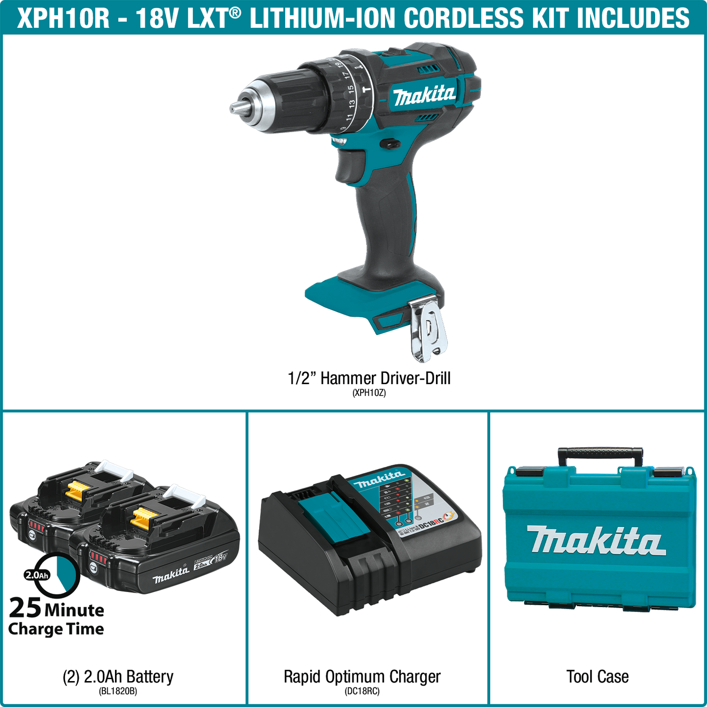 Makita 18 Volt LXT Lithium Ion Compact Cordless 1/2 Inch Hammer Driver Drill Kit (2.0Ah) Factory Serviced