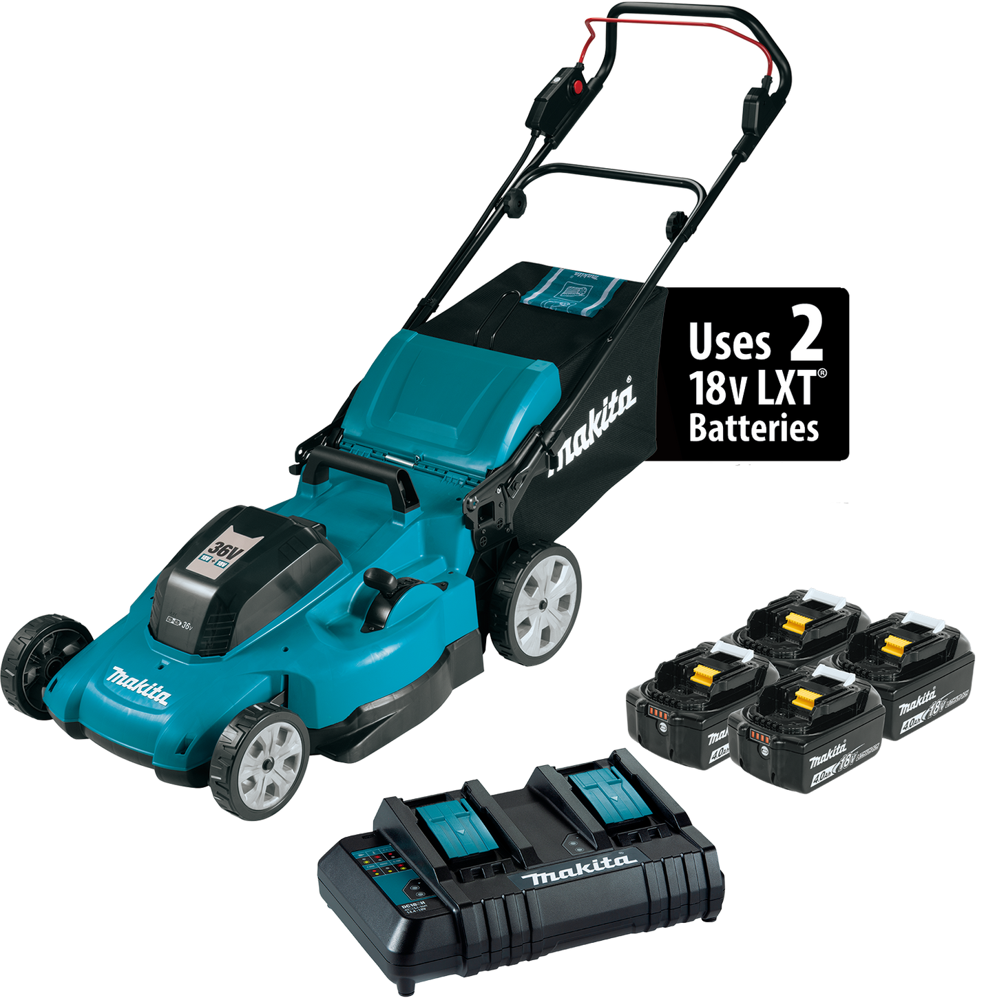 Makita 18V X2 36 Volt LXT 21in Lawn Mower Kit with 4 Batteries 4Ah Factory Serviced
