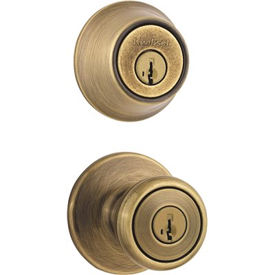 KwiksetTylo Antique Brass Entry Door Knob and Single Cylinder Deadbolt Combo Pack Featuring SmartKey Security