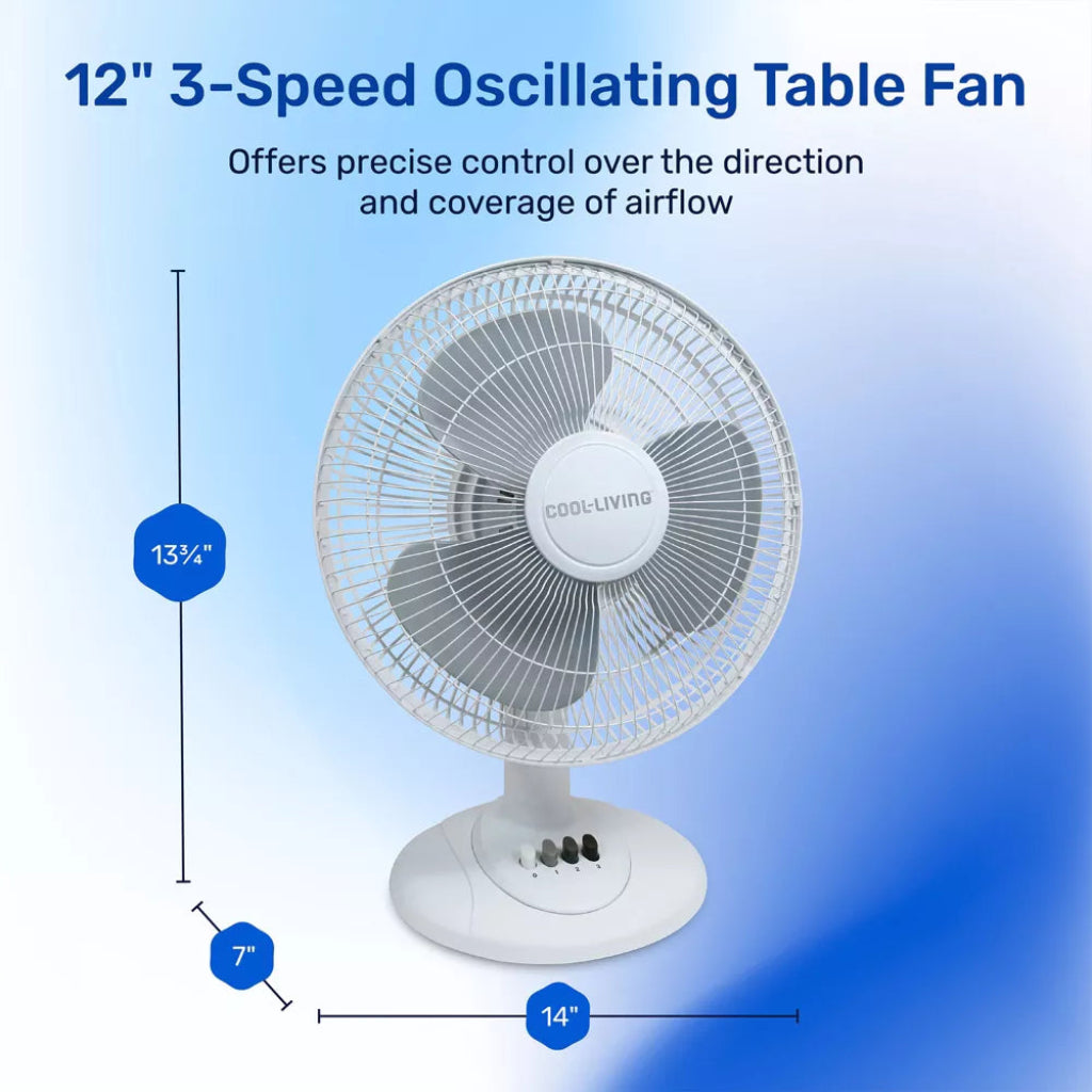 Cool Living 3 Speed Oscillating 12 Inch White Table Fan