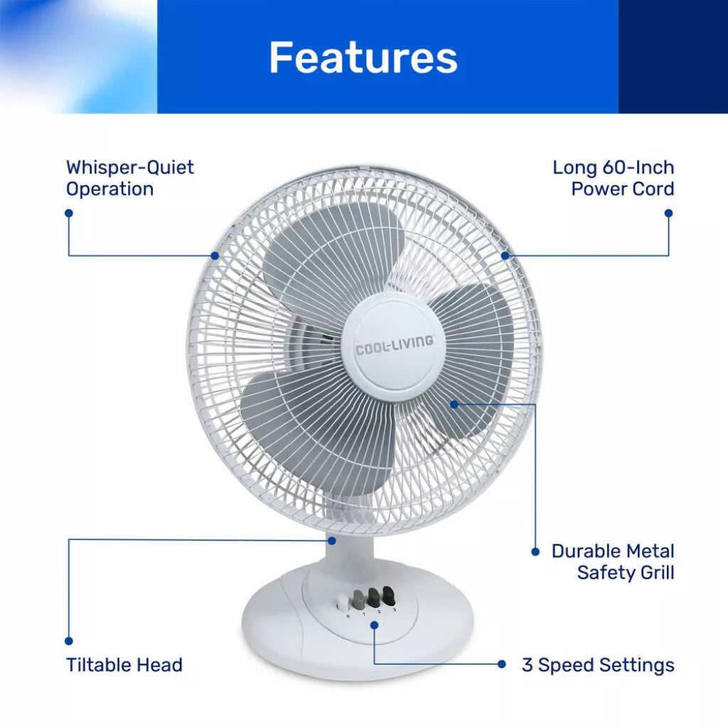 Cool Living 3 Speed Oscillating 12 Inch White Table Fan