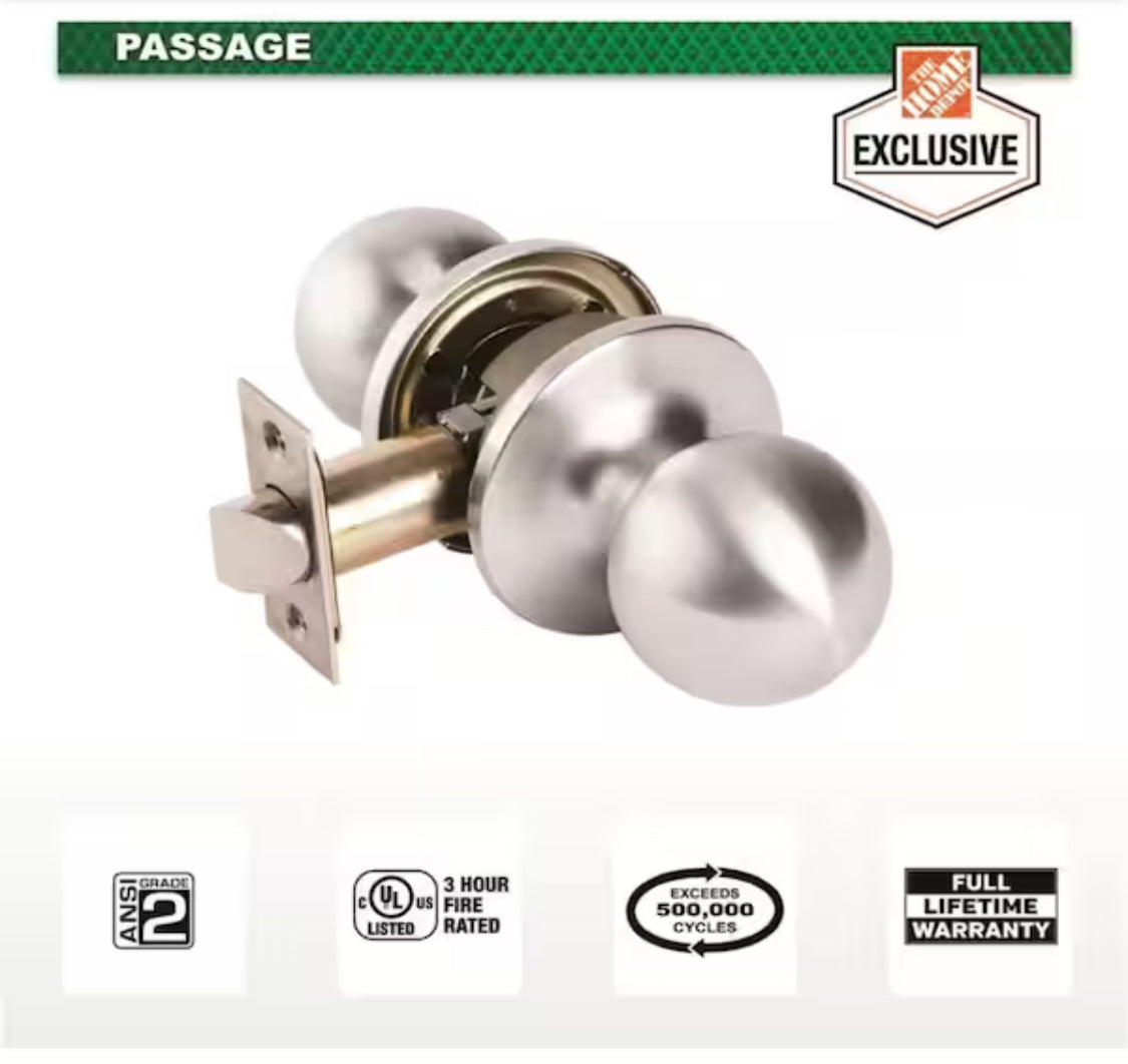 Universal Hardware Light Duty Commercial Passage (Hall/Closet) Knob, UL 3-Hr Fire ANSI Grade 2, Satin Chrome Finish