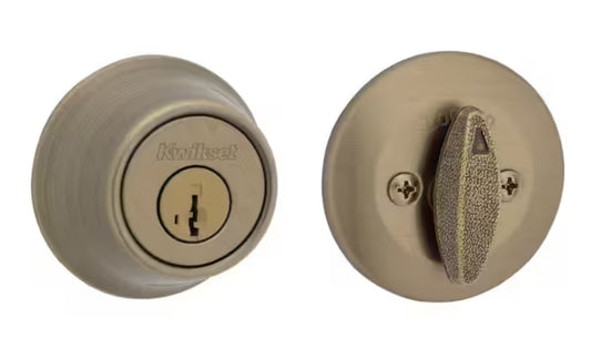 Kwikset Antique Brass Single Cylinder Deadbolt featuring SmartKey Security with Microban Antimicrobial Technology