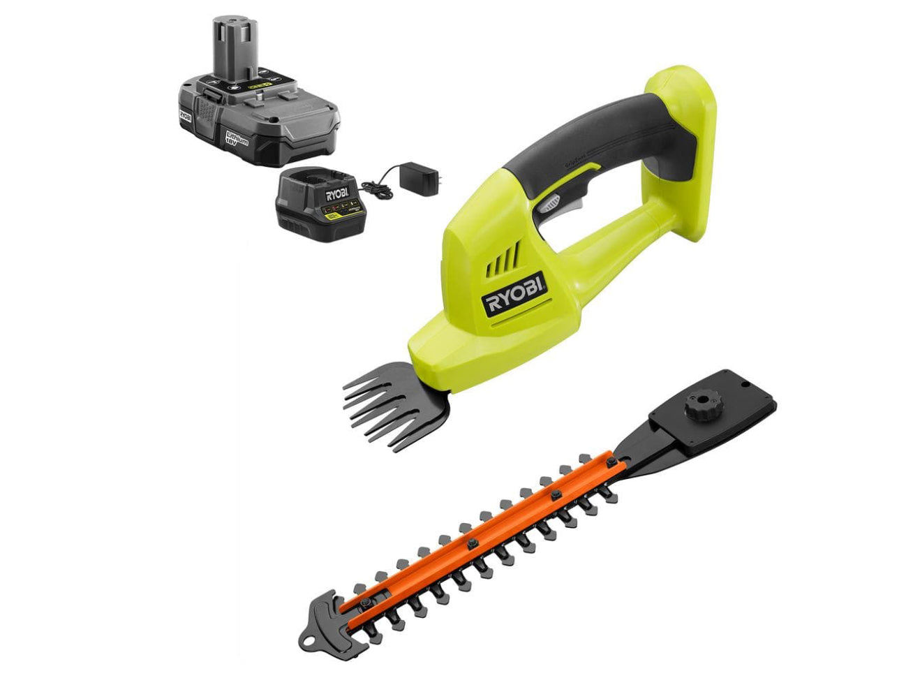 RYOBI ONE+ 18V Cordless Battery Grass Shear and Shrubber Trimmer with 1.3 Ah Battery and Charger