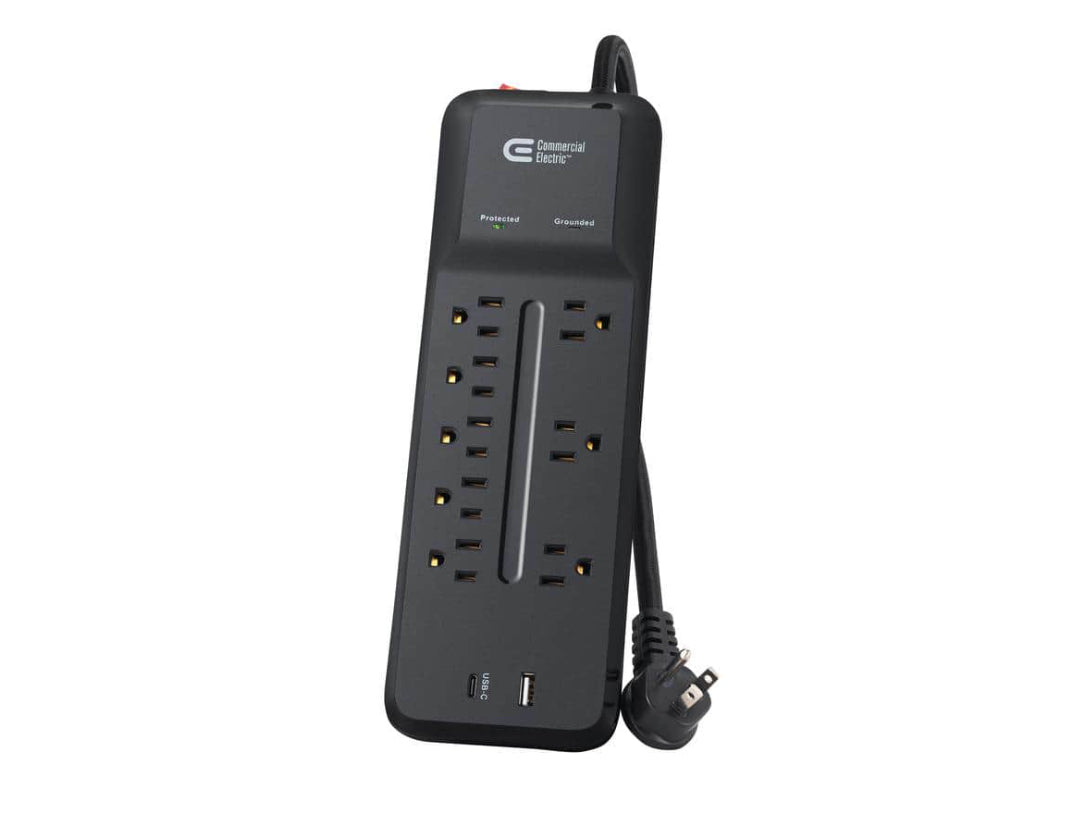 Commercial Electric 12 ft. Braided Cord 8-Outlet Surge Protector with 1 USB and 1 USB-C, Black    NEW