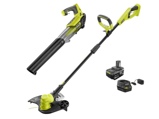 RYOBI ONE+ 18V Cordless Battery String Trimmer/Edger and Jet Fan Blower Combo Kit with 4.0 Ah Battery and Charger - Damaged Box