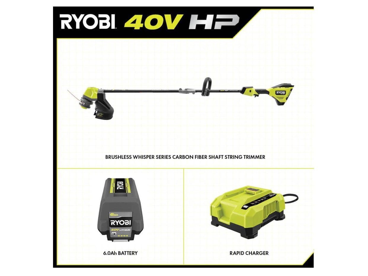 RYOBI 40V HP Brushless Whisper Series 17 in. Cordless Battery Carbon Fiber Shaft String Trimmer w/ 6.0 Ah Battery & Charger - Damaged Box