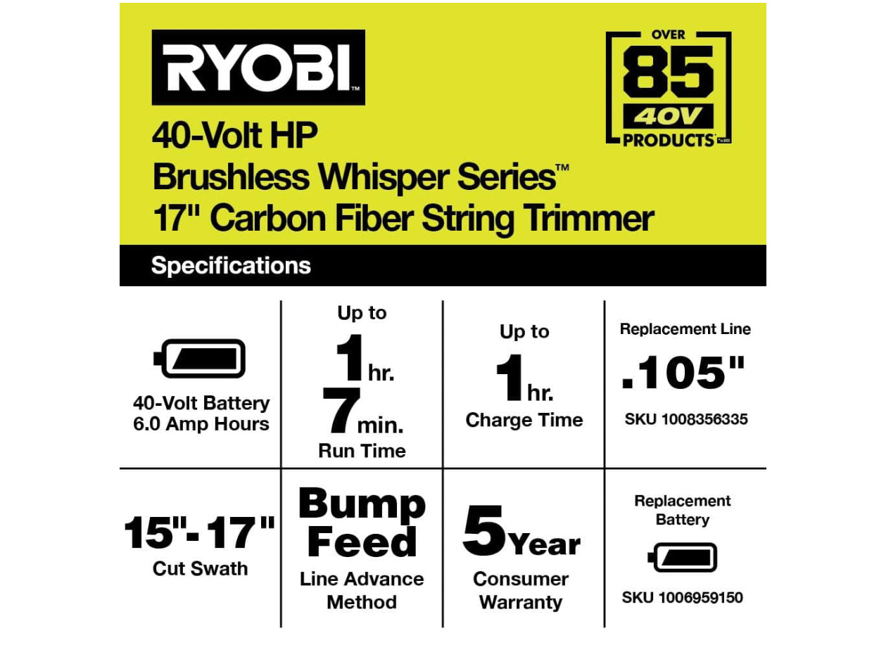 RYOBI 40V HP Brushless Whisper Series 17 in. Cordless Battery Carbon Fiber Shaft String Trimmer w/ 6.0 Ah Battery & Charger - Damaged Box