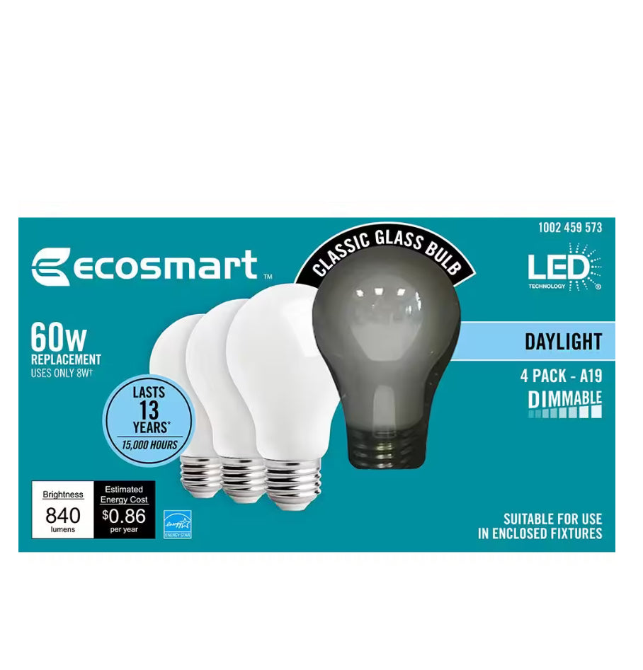 Ecosmart 60-Watt Equivalent A19 Dimmable Energy Star Frosted Filament LED Light Bulb Daylight (4-Pack) Damaged Box