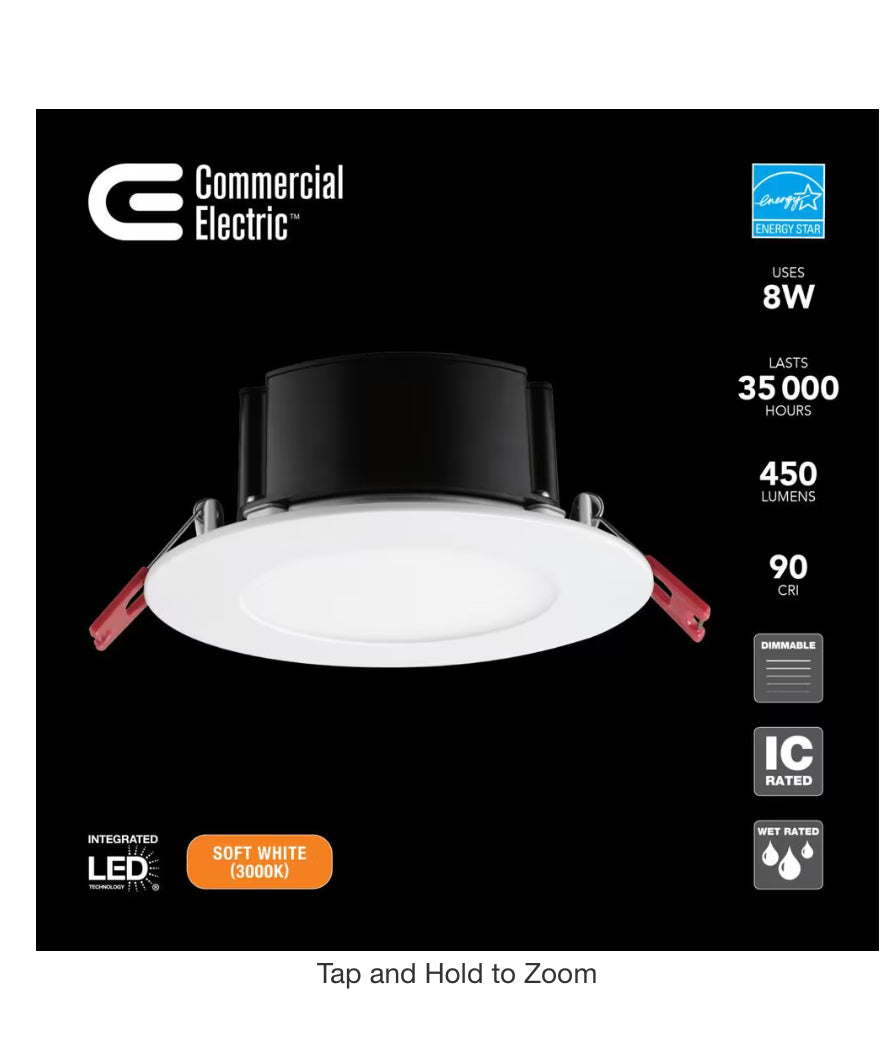 Commercial Electric 4 in. White Flush Round Wet Rated LED Integrated Recessed Lighting Kit Damaged Box