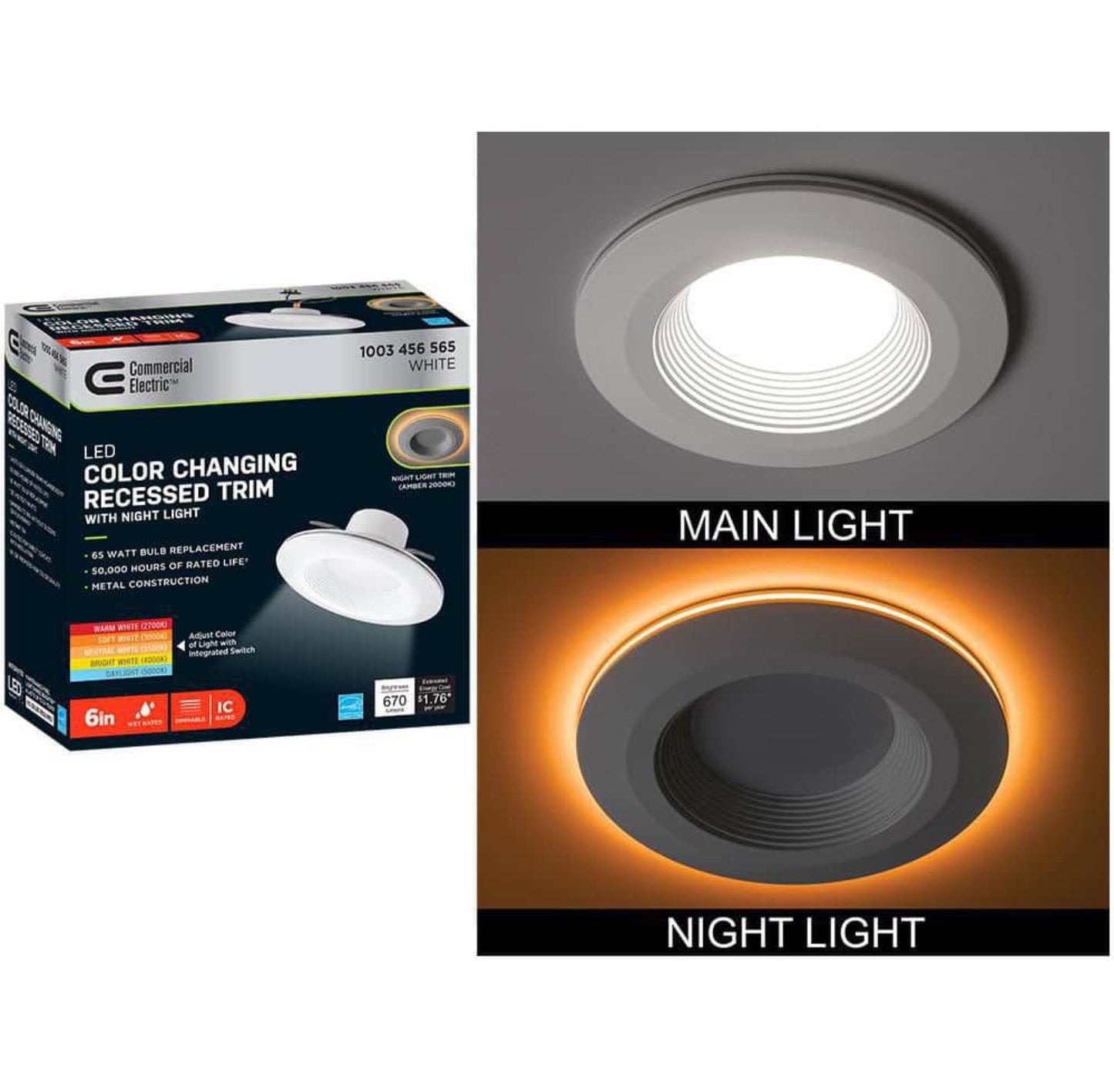 Commercial Electric 6 in. Selectable CCT Integrated LED Recessed Light Trim with Night Light Feature 670 Lumens 11-Watt Dimmable Damaged Box