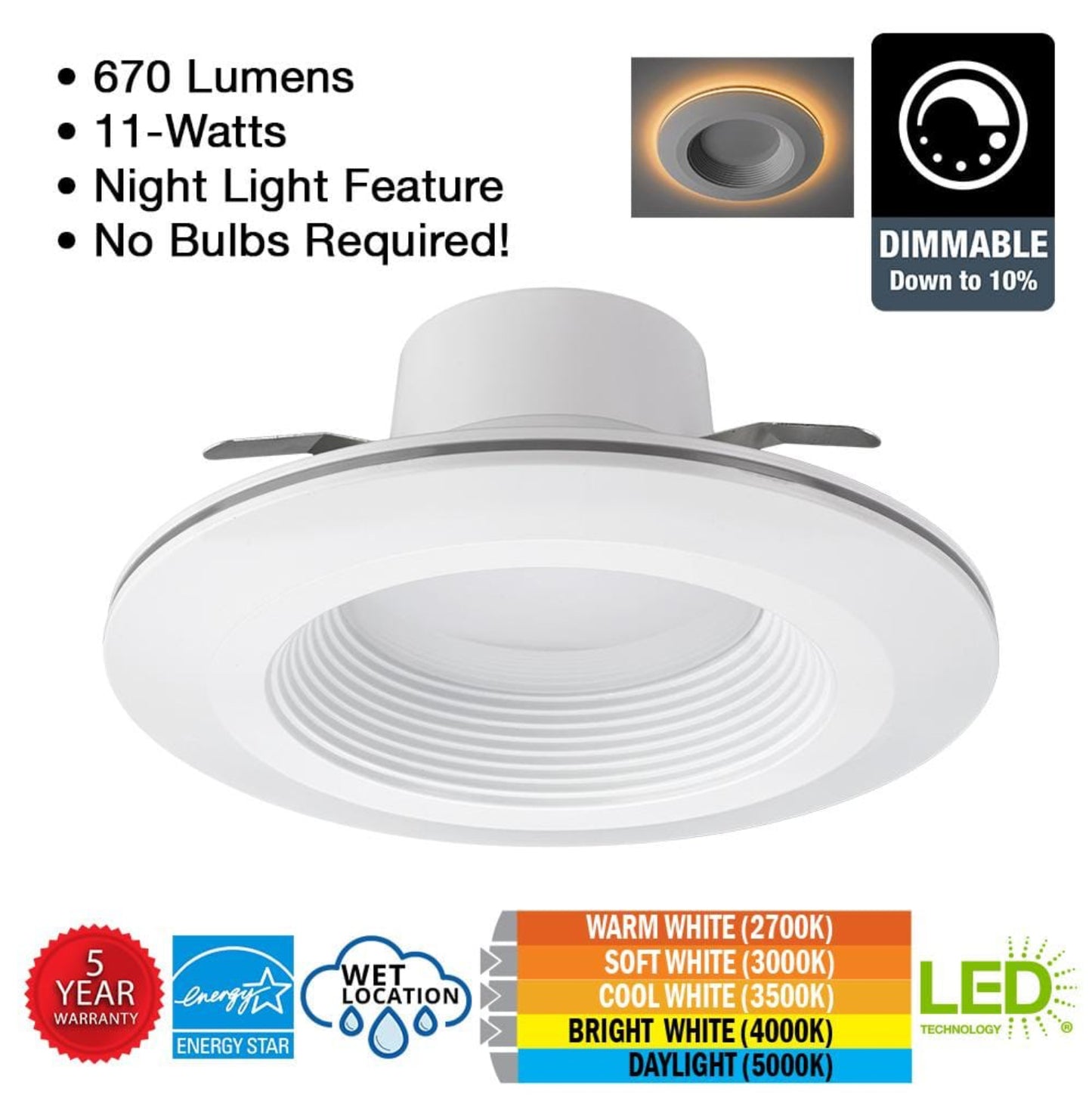 Commercial Electric 6 in. Selectable CCT Integrated LED Recessed Light Trim with Night Light Feature 670 Lumens 11-Watt Dimmable Damaged Box