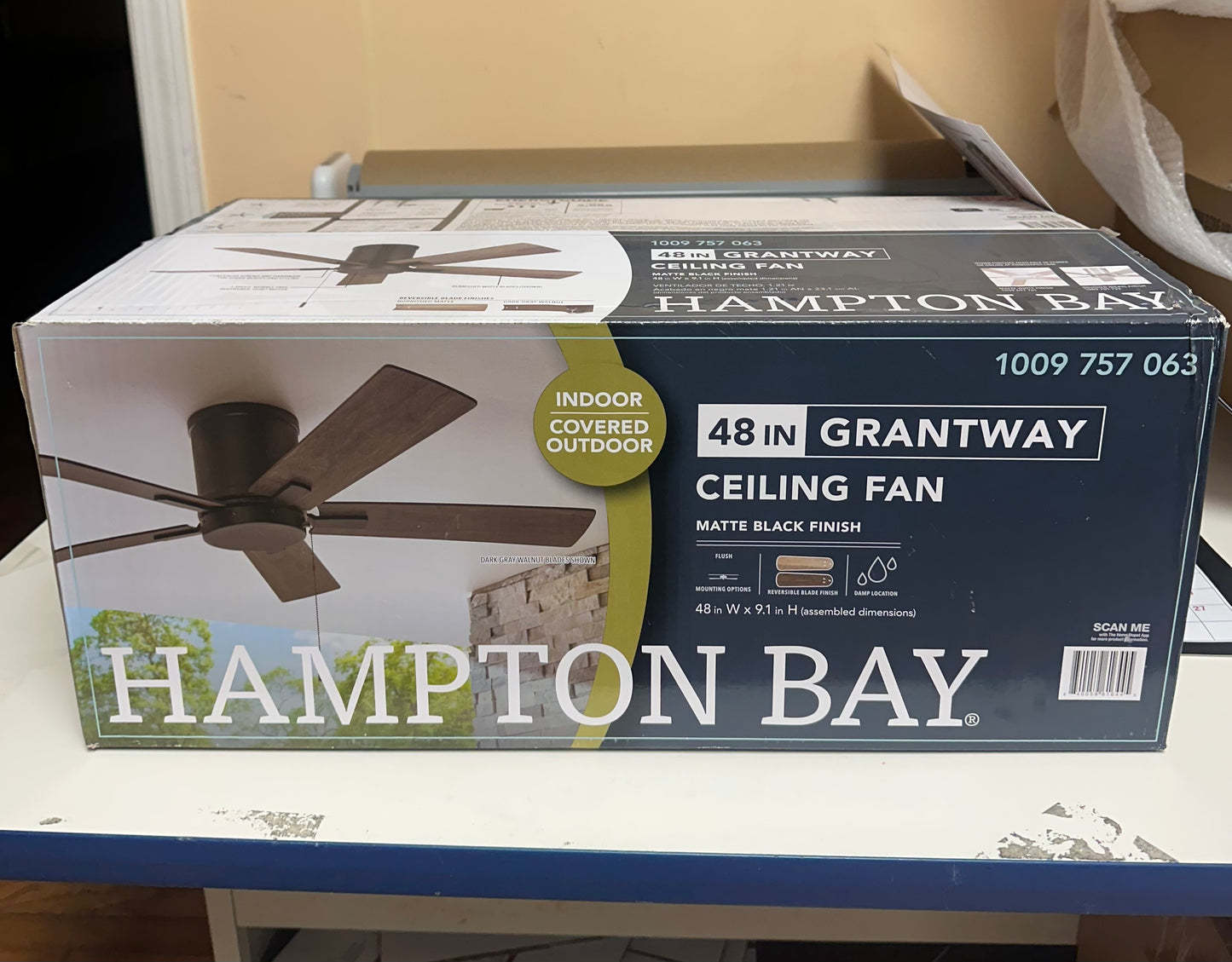 Hampton Bay Grantway 48 in. Indoor/Covered Outdoor Matte Black Low Profile Ceiling Fan