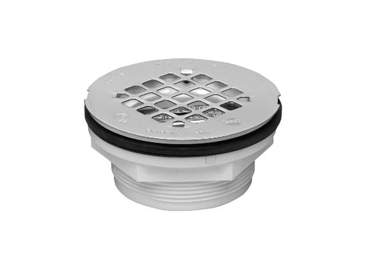 OATEY Round No-Caulk White PVC Shower Drain with 4-1/4 in. Round Snap-In Stainless Steel Drain Cover