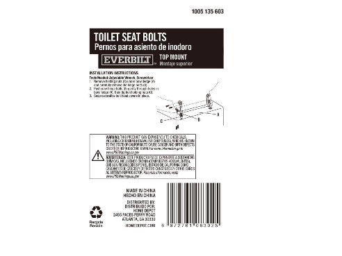 Everbilt Top Mount Toilet Seat Bolts DAMAGED BOX