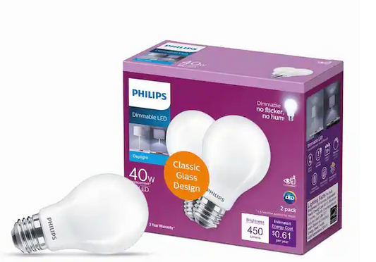 Philips 40-Watt Equivalent A19 Dimmable Energy Saving LED Light Bulb Frosted Glass Daylight 5000k 2 Pack DAMAGED BOX