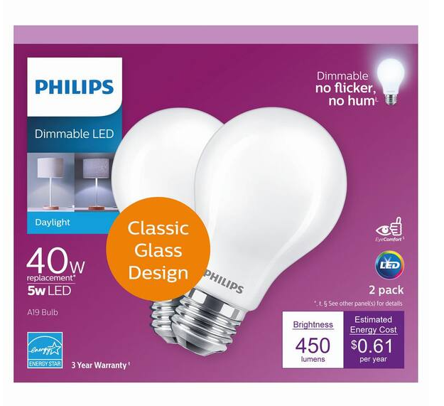 Philips 40-Watt Equivalent A19 Dimmable Energy Saving LED Light Bulb Frosted Glass Daylight 5000k 2 Pack DAMAGED BOX