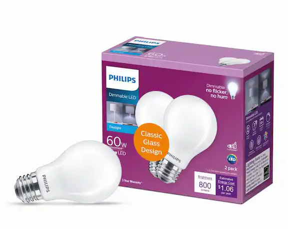 Philips 60-Watt Equivalent A19 Dimmable Energy Saving LED Light Bulb in Frosted Glass Daylight 5000K 2 Pack DAMAGED BOX