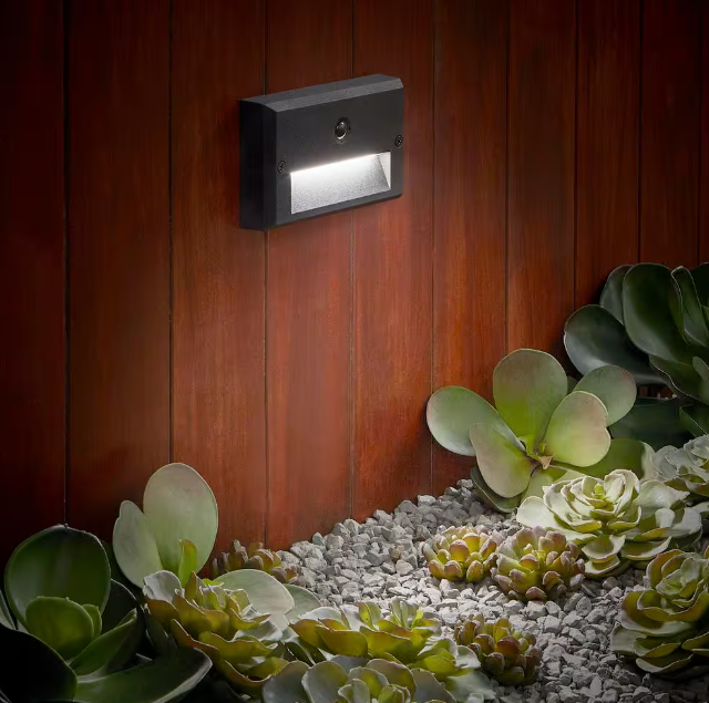 Hampton Bay 78 Lumen Low Voltage Hardwired Black Motion Sensing Integrated LED Outdoor Stair Light with Frosted Acrylic Lens Damaged Box