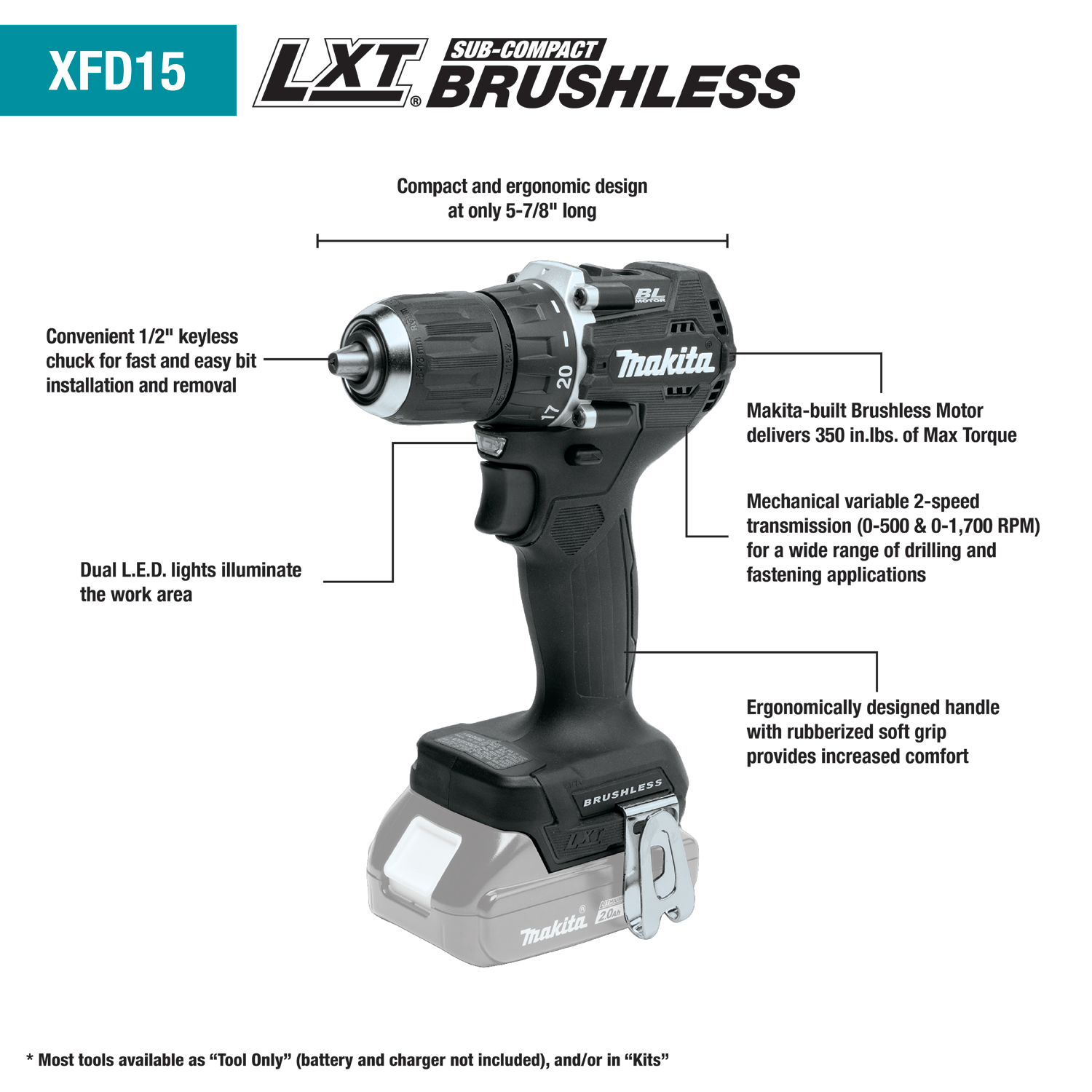 Makita 18 Volt LXT Lithium Ion Sub Compact Brushless Cordless 1 2