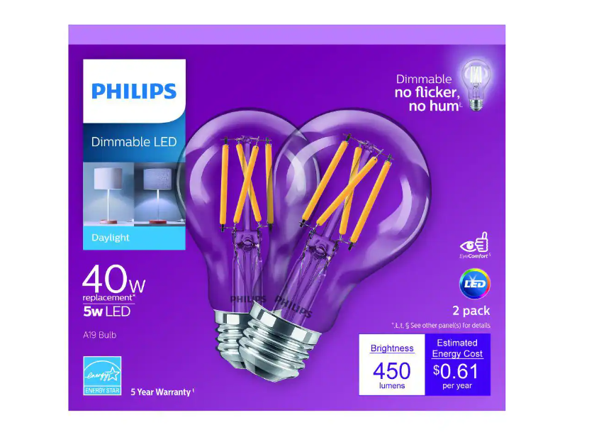 Philips 40 W Equivalent A19 Dimmable Energy Saving Clear Glass Indoor/Outdoor LED Light Bulb Daylight (5000K) (2-Pack) Damaged Box