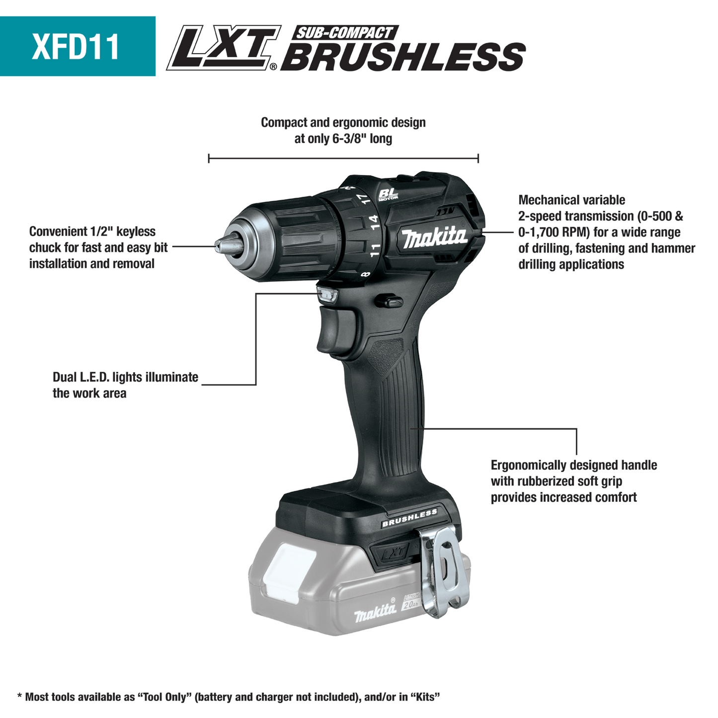 Makita 18 Volt LXT Lithium Ion Sub Compact Brushless Cordless 1/2 Inch Driver Drill Factory Serviced (Tool Only)