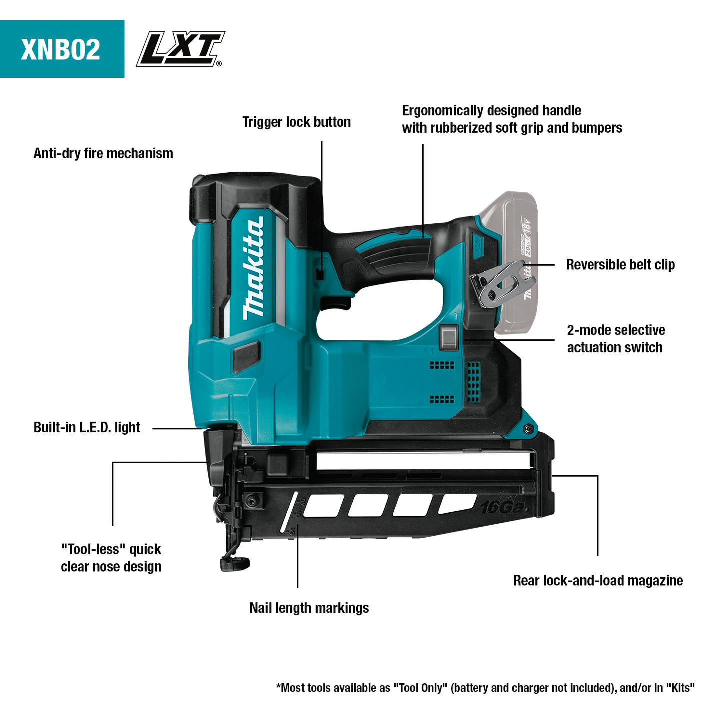 Makita 18 Volt LXT Factory Serviced 2-1/2  Inch Straight Finish Nailer, 16 Gauge Tool Only Factory Serviced
