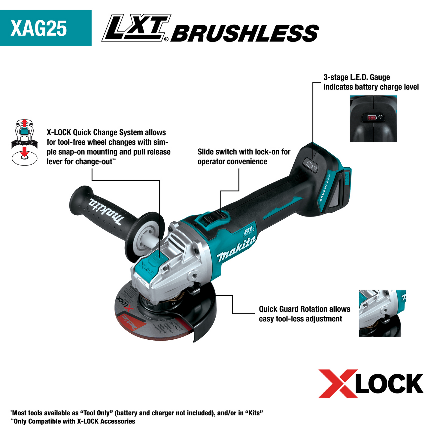 Makita 18V LXT 4 1/2 Inch Or 5 Inch  X-LOCK Angle Grinder with AFT Tool Only Factory Serviced