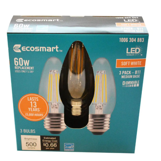 EcoSmart 60- -Watt Equivalent B11 Dimmable Blunt Tip Candle Clear Glass Edison Filament LED Light Bulb Soft White 3 Pack DAMAGED BOX