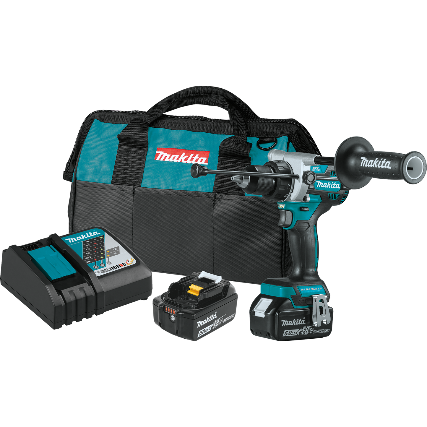 Makita 18 Volt LXT Lithium‑Ion Brushless Cordless 1/2 Inch Hammer Driver‑Drill Kit 5.0Ah Factory Serviced