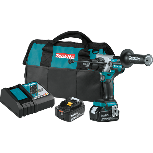 Makita 18 Volt LXT Lithium‑Ion Brushless Cordless 1/2 Inch Hammer Driver‑Drill Kit 5.0Ah Factory Serviced