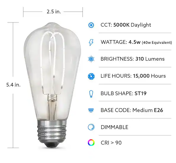 206 Watt Inshape Feit Electric 40-Watt Equivalent ST19 Dimmable M-Shape Filament Clear ...