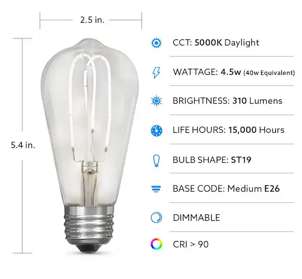 Feit Electric 40-Watt Equivalent ST19 Dimmable M-Shape Filament Clear Glass E26 Vintage Edison LED Light Bulb, Daylight 5000K Damaged Box