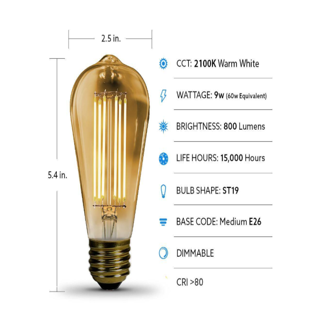 Feit Electric 60-Watt Equivalent ST19 Dimmable Straight Filament Amber Glass E26 Vintage Edison LED Light Bulb, Warm White 2100k